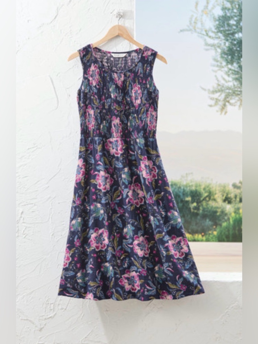 Coldwater Creek Cotton Gauze Floral Smocked Midi Dress